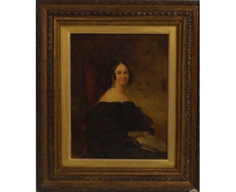 Attributed to Henry Liverseege (British, 1803-1832) - 'Portrait of Miss Vickers'Oil on panel, inscribed to mount, handwritten