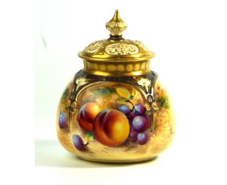 A Royal Worcester hand-painted pot pouri Decorated with fruit, indistinctly signed, black factory marks to base, height 11cm 
