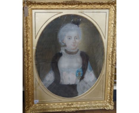 Manner of Jean Etienne Liotard (Swiss, 1702-1789) - 'Portrait of a lady wearing an official order'Pastel, oval, approx 70x56c