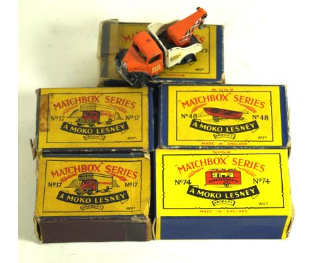 A Matchbox Regular Wheels group Of five boxed and one unboxed vehicles, the boxes being Matchbox Series Moko Lesney comprisin