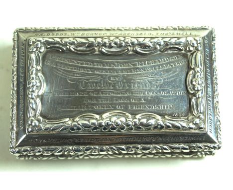 A William IV hallmarked silver snuff box by Nathanael MillsBeing of rectangular form with hinged lid decorated with foliate c