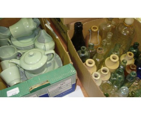 Box of antique and vintage bottles, soda syphon Dawes Paignton, Shipley Torquay some advertising included & vintage and later