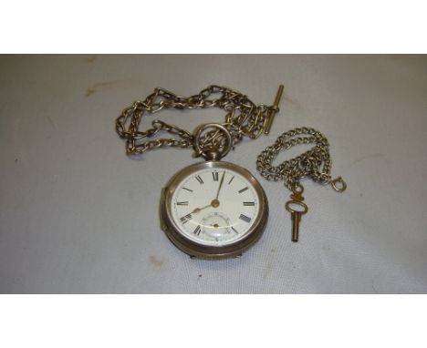 Silver gents pocket watch with enamel dial & unmarked silver metal watch chain Chester 1896  & one other watch chain with wat