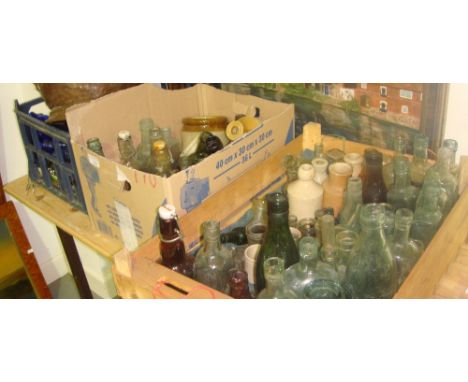 3 x boxes of antique and vintage bottles including blue glass bottles, stoneware bottles some advertising included