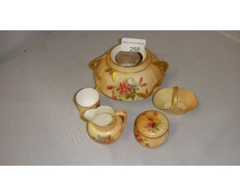 5 pieces of Royal Worcester blush ivory miniatures including fruit basket, jar & cover, jug and tankard and pot pourri (parts