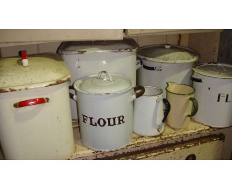 7 x pieces of vintage enamel ware including 2 x jugs and assorted storage jars