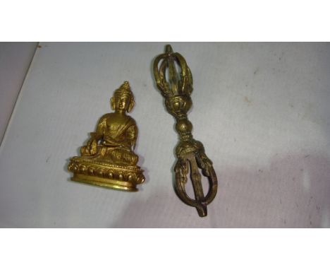 Vintage brass seated Buddha & dorje 