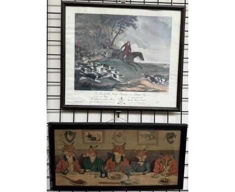 A print of Foxes in Hunting jackets at dinner together with a print of a Huntsman and hounds 