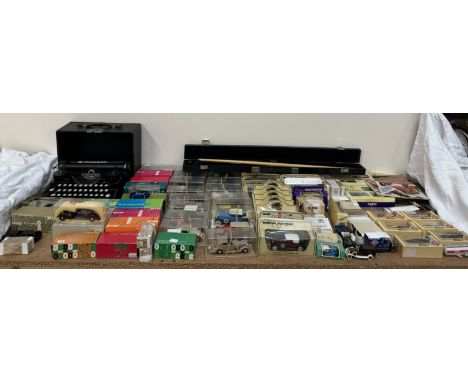 A collection of model vehicles including Models of Yesteryear, Rio models, Underwood typewriter, Jimmy White snooker cue case