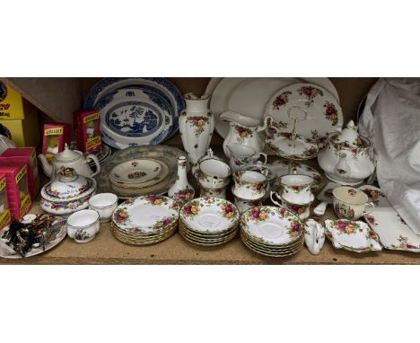 A Royal Albert Old Country Roses pattern part tea set together with decorative plates, Tetley tea folk etc