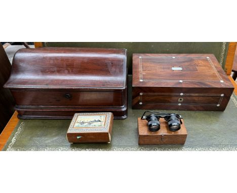 A mahogany table top cabinet with a domed top together with a rosewood inlaid jewellery box, a trinket box and a pair of bino