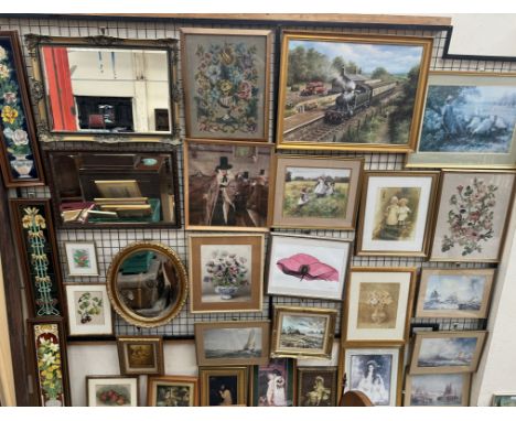 A set of three framed tile pictures of floral displays together with mirrors and a large quantity of decorative pictures 