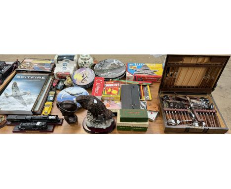 A cased part flatware service together with model trains, DVDs, model cars, collectors plates etc 
