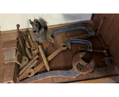 A collection of tools some relating to the railways including spanners, chisels, vice etc 