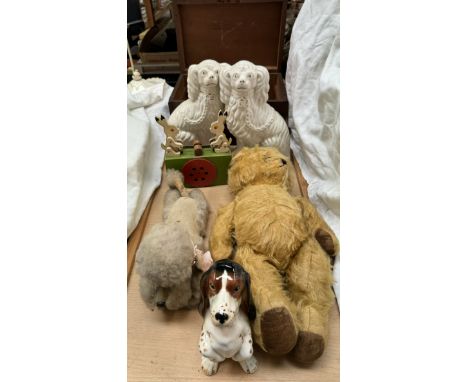 A wooden toy depicting two rabbits sawing together with an automaton dog, a teddy bear, Staffordshire dogs, mahogany box etc 