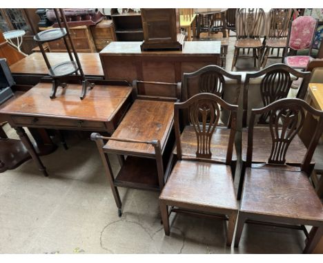 A set of four George III dining chairs together with a tea trolley, folding cake stand and a mahogany side table 