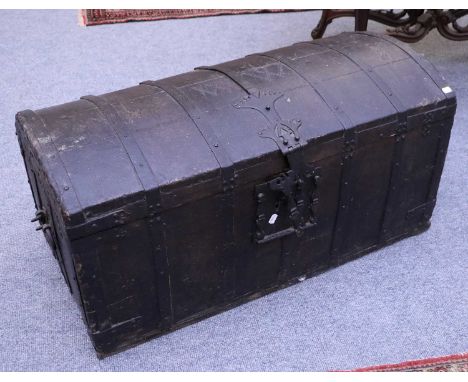 An 18th century Dome Topped Metal Bound Trunk, mongrammed WW in stud work and with ornate lock plate, 100cm by 48cm by 50cm