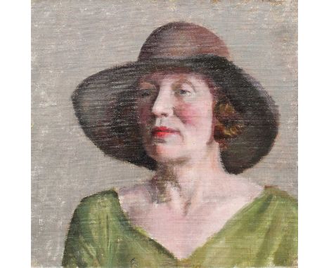 British School (20th Century)Portrait of a lady, head and shoulders, wearing a green dress and brown hat, in the Bloomsbury s