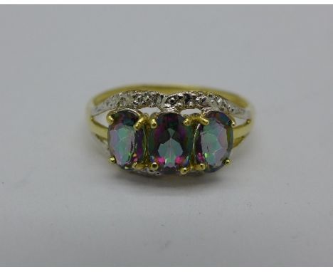 A 9ct gold, mystic topaz and diamond ring, 1.4g, O