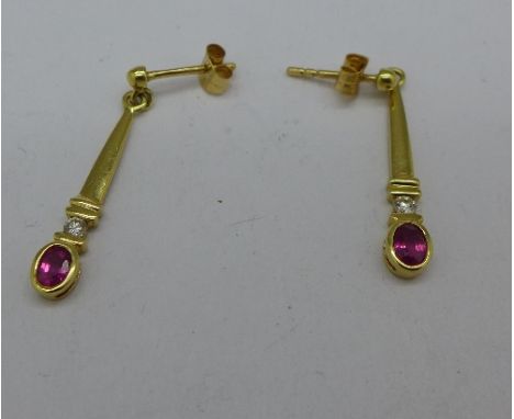 A pair of 18ct gold, diamond and ruby pendant earrings, 2g