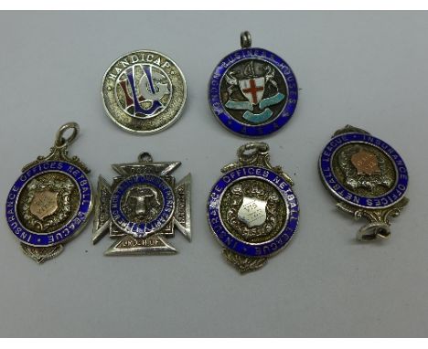 Six silver and enamel fobs, 69g