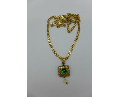 A yellow metal, diamond set pendant with pearl drop, the sides with green enamel and the back enamelled in red and blue, 13 x
