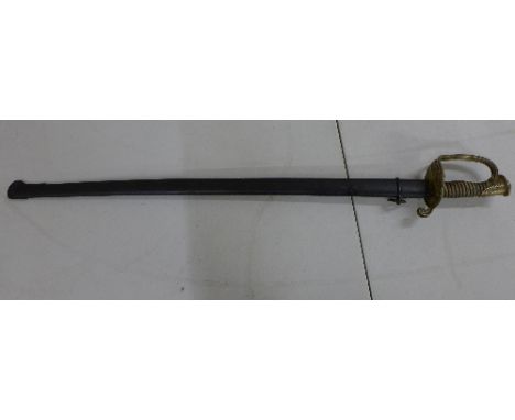 A French sword with associated metal scabbard, top of blade bears inscription, length of sword 91cm