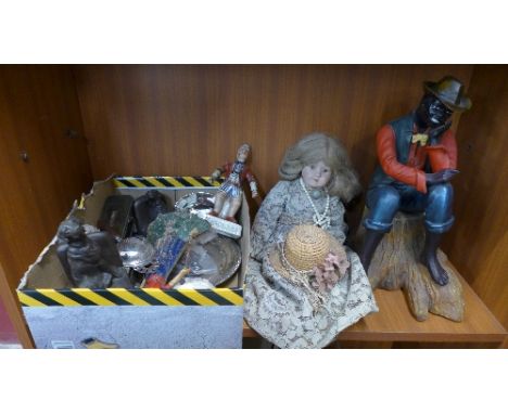 Plated ware, a Staffordshire style figure, a cast figure door stop, a pair of dog bookends, a doll, a table lamp, a figure, e