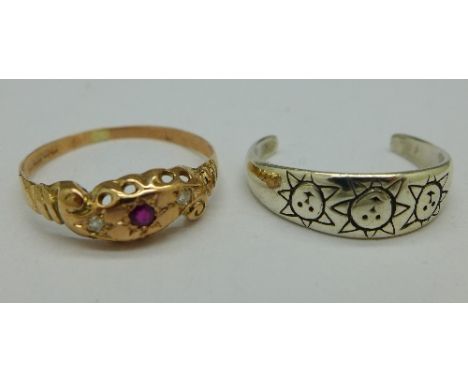 A 9ct gold, ruby and diamond ring, 1.1g, Q, and a silver ring