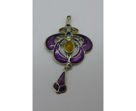 A sterling silver and enamel pendant, width 34mm