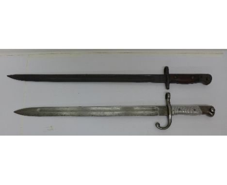 A German bayonet, no scabbard, the blade marked Modelo Argentino 1891 and Weyersberg, Solingen and a British bayonet, no scab