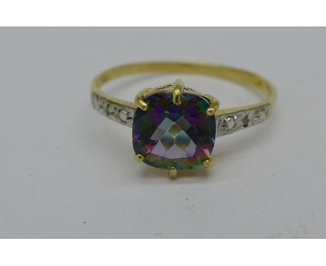 A 9ct gold, mystic topaz and diamond ring, 1.1g, O