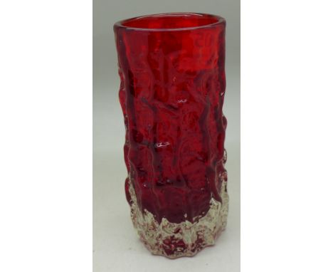 A 1960's Whitefriars glass bark cased vase in ruby red by Geoffrey Baxter, catalogue no. 9689, 15cm