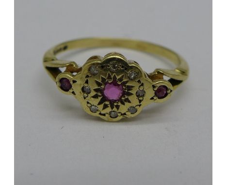 A 9ct gold, ruby and diamond ring, 1.9g, P