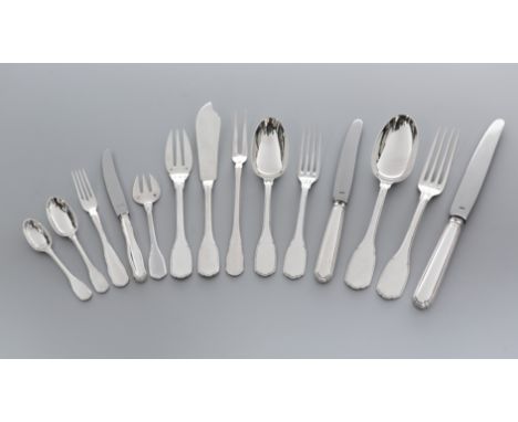 


A GERMAN EXTENSIVE FLATWARE SERVICE, ART DECO 
Circa 1935 
The handles shaped and with line decoration, comprising of: twe