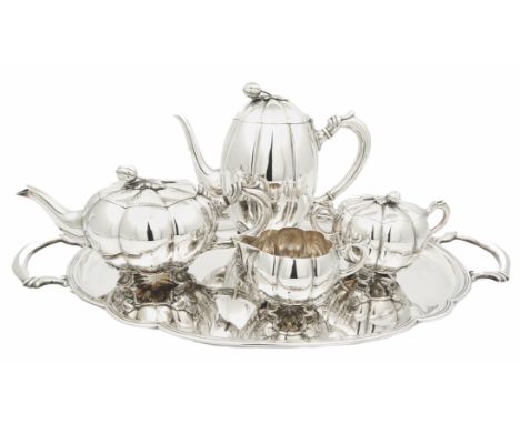 


A DUTCH FOUR PIECE TEA AND COFFEE SERVICE, VAN KEMPEN &amp; BEGEER 
Utrecht, 1968 
Each of melon form and on shaped feet, 