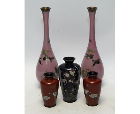 Two pairs and another Japanese cloisonné vases, Meiji period, tallest 25cm. Condition - two vases restoredTaller pair each re