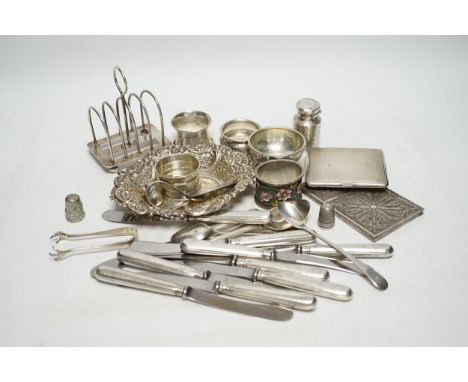 A quantity of assorted silver ad white metal items including a Russian 84 zolotnik and cloisonné enamel napkin ring, bon bon 