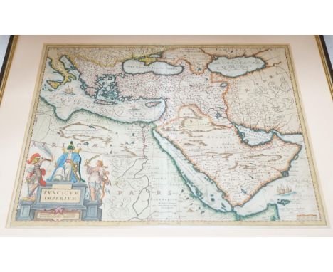 After Jan Jansson (1588-1664), hand coloured engraved map of The Turkish Empire, 41 x 52cm. Condition - fair, crease to centr