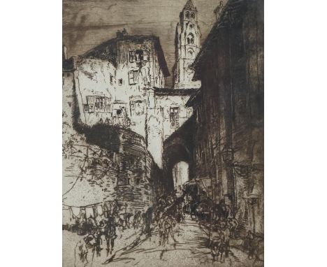 Frank Brangwyn (Welsh, 1867-1956), lithograph and etching, Street scenes with buildings, each signed in pencil, largest 42 x 