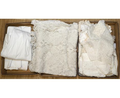 An early 20th century christening gown, a later crocheted cover, various bobbin lace collars, silk Maltese, Honiton, Irish cr