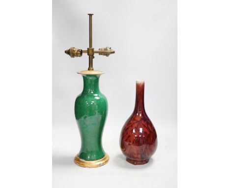A Chinese green crackle glazed vase converted to a lamp base and a flambé style vase, lamp base 50cm high including light fit