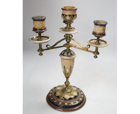 A Royal Doulton three branch four light candelabra, Eliza Simmance, 33cm high, Condition - poor to fair, one arm restored