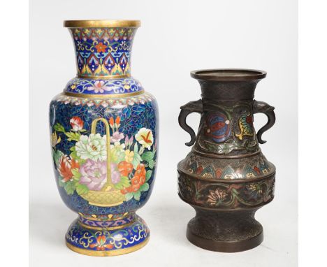A Japanese bronze and champlevé enamel vase and a Chinese cloisonné enamel vase, Champlevé vase 24cm high. Condition - cloiso