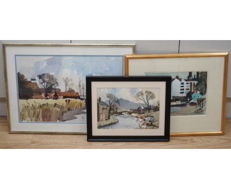 John Tookey (b.1947), three watercolours, including 'The Thames, Chelsea', two signed, largest 32 x 49cm. Condition - fair to