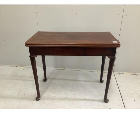 A George III rectangular mahogany folding card table, width 88cm, depth 44cm, height 73cm.  Condition - fair
