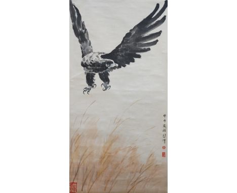 A Chinese scroll painting of a falcon, 163cm long. Condition - good