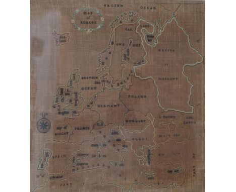 A late 19th century map sampler of Europe, linen backing discoloured by the light and sun, 46cm wide, 47.5cm high. Condition 