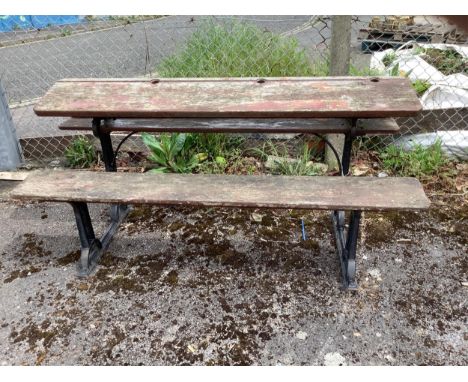 A vintage cast iron and painted wood triple student's desk by H &amp; S Addison, Stafford, width 168cm, depth 60cm, height 75