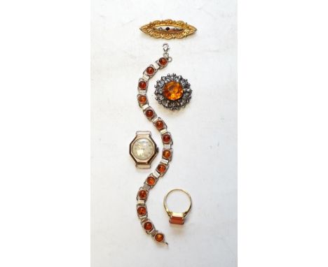 A quantity of assorted jewellery including a late Victorian 9ct gold and gem set brooch, a yellow metal and solitaire diamond